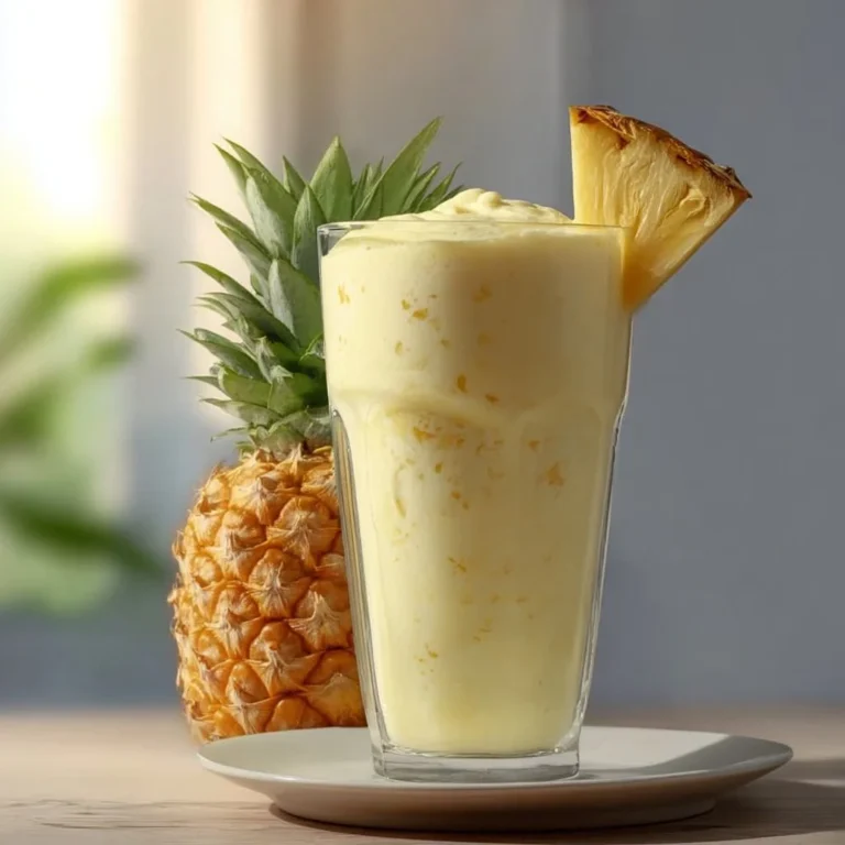 Delicious pineapple milkshake topped with whipped cream and a slice of pineapple.