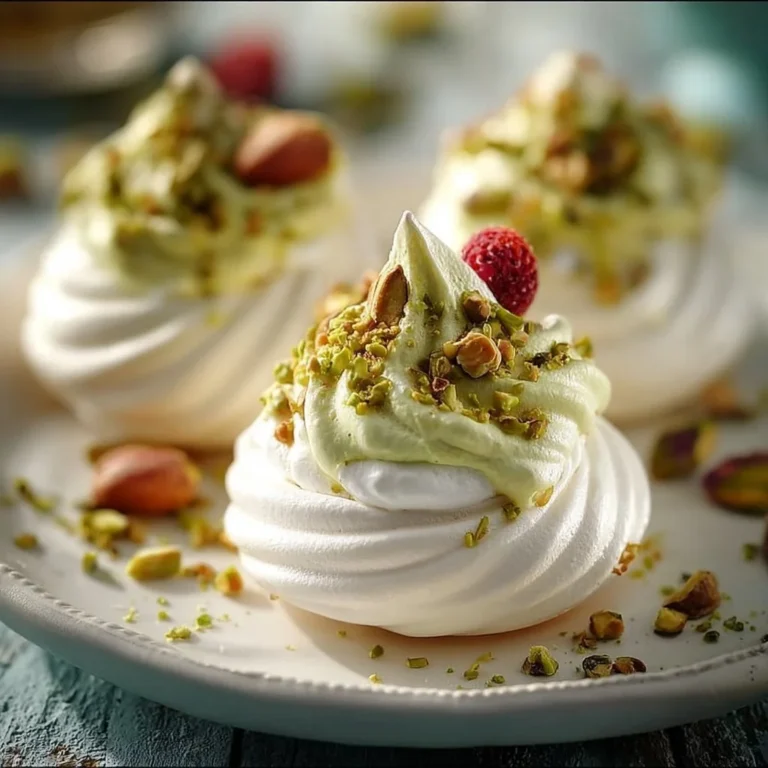 Pistachio Mini Pavlova nests topped with whipped cream and festive toppings