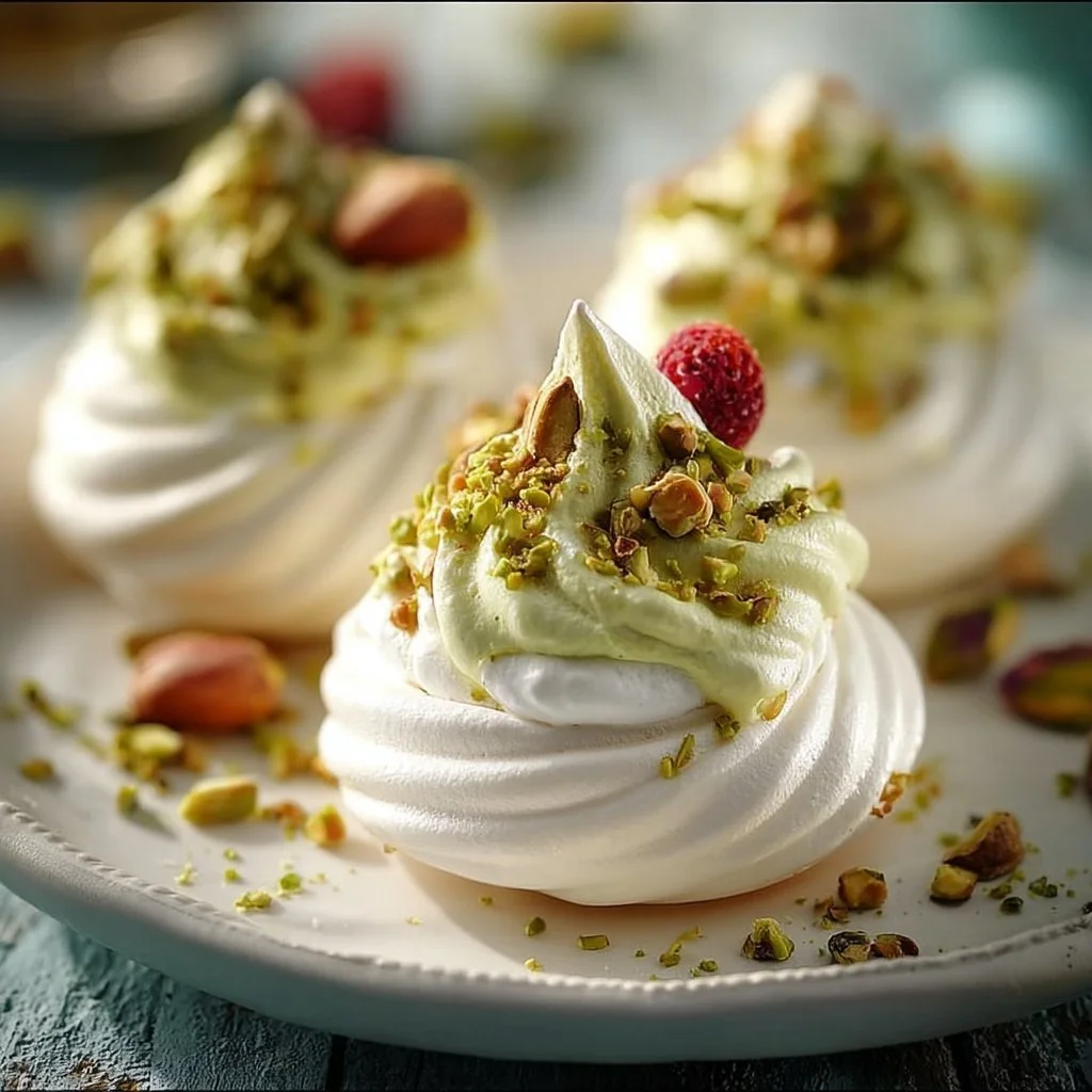 Pistachio Mini Pavlova nests topped with whipped cream and festive toppings