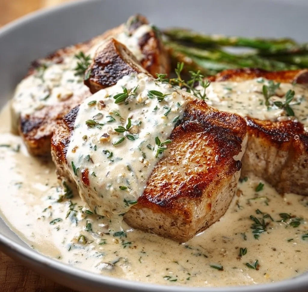 Pork chops served with creamy garlic sauce on a white plate