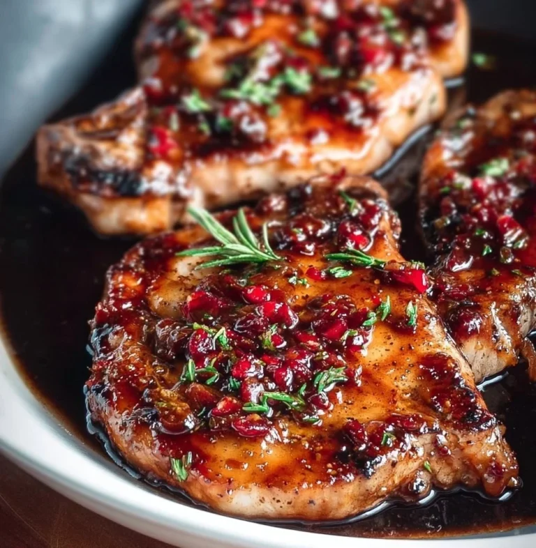Raspberry balsamic glazed pork chops served on a plate