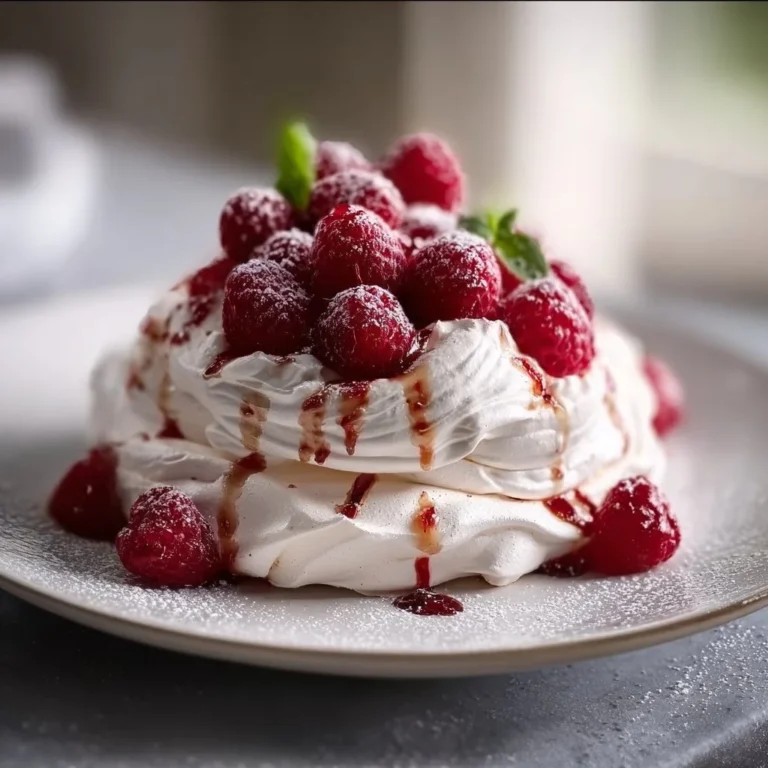 Delicious Raspberry Pavlova dessert topped with fresh raspberries and cream.