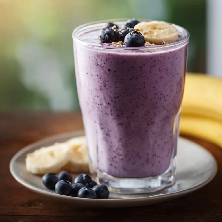 Refreshing blueberry banana smoothie in a glass with berries and banana slices.