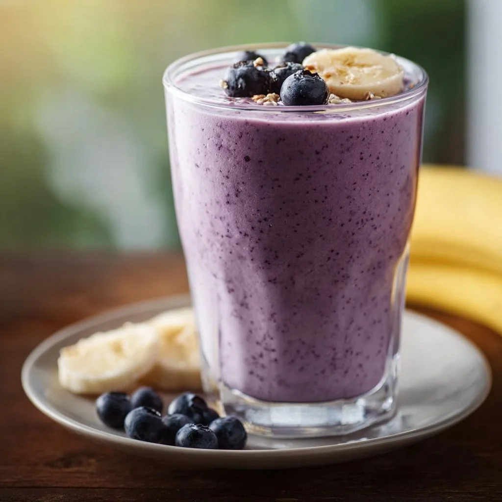 Refreshing blueberry banana smoothie in a glass with berries and banana slices.