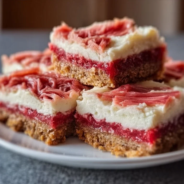 Delicious rhubarb bars topped with cream cheese frosting on a plate