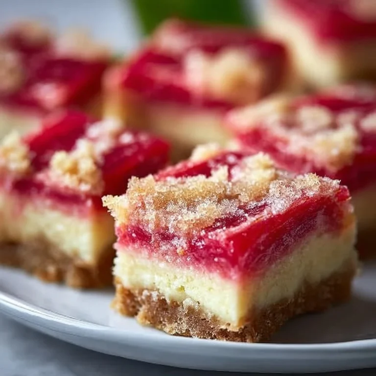 Delicious rhubarb cheesecake squares topped with fresh rhubarb