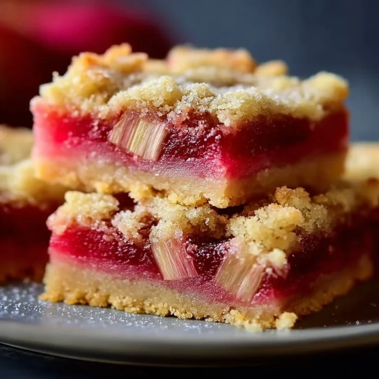 Freshly baked Rhubarb Shortbread Bars on a wooden table