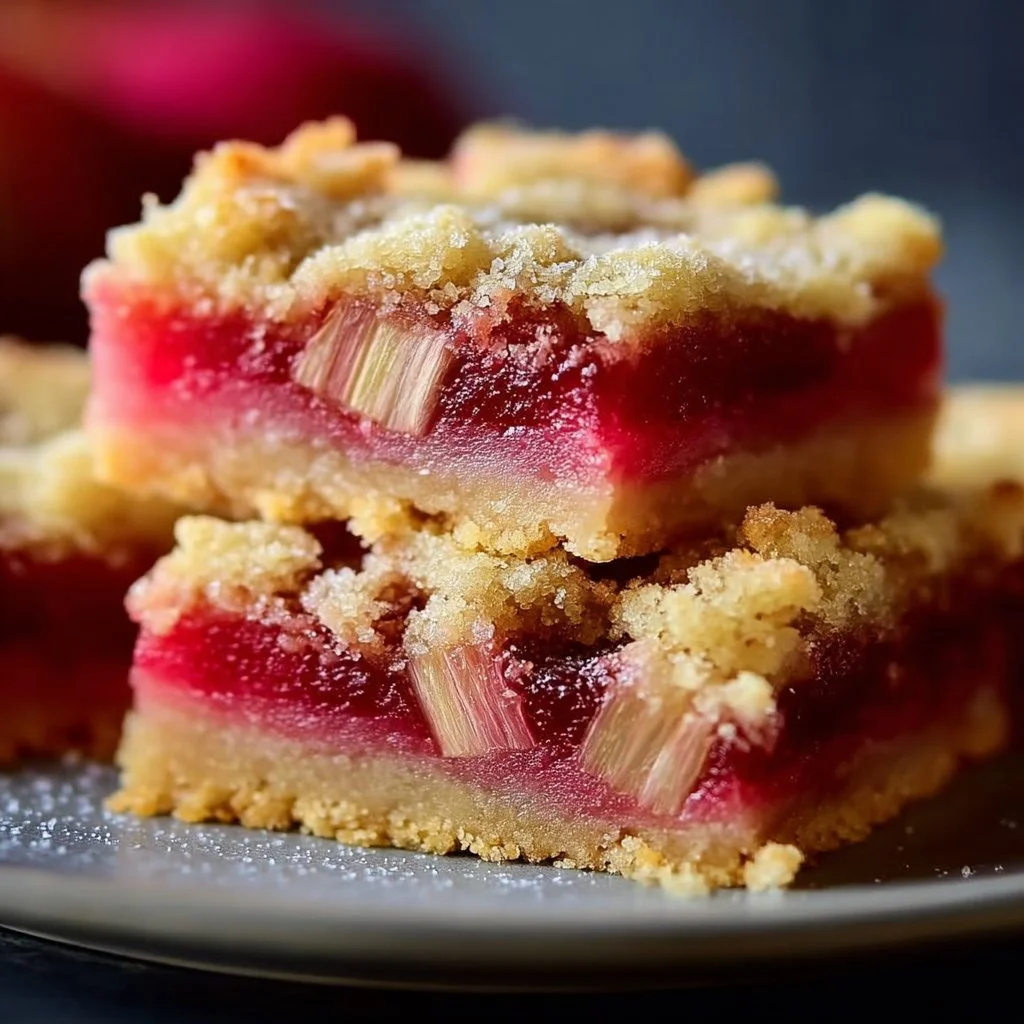 Freshly baked Rhubarb Shortbread Bars on a wooden table