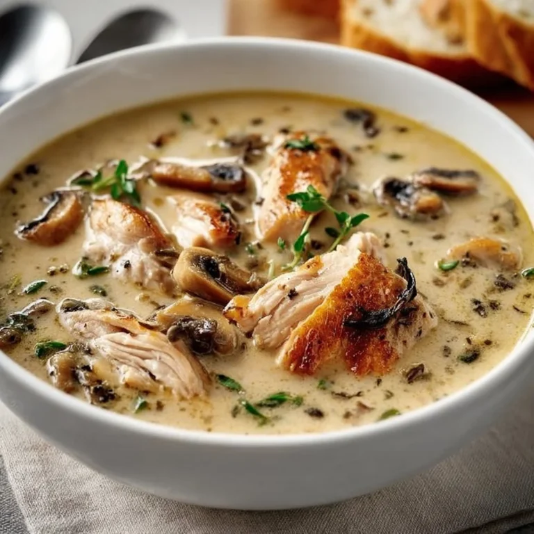 Bowl of Rotisserie Chicken Mushroom Soup with fresh herbs and mushrooms
