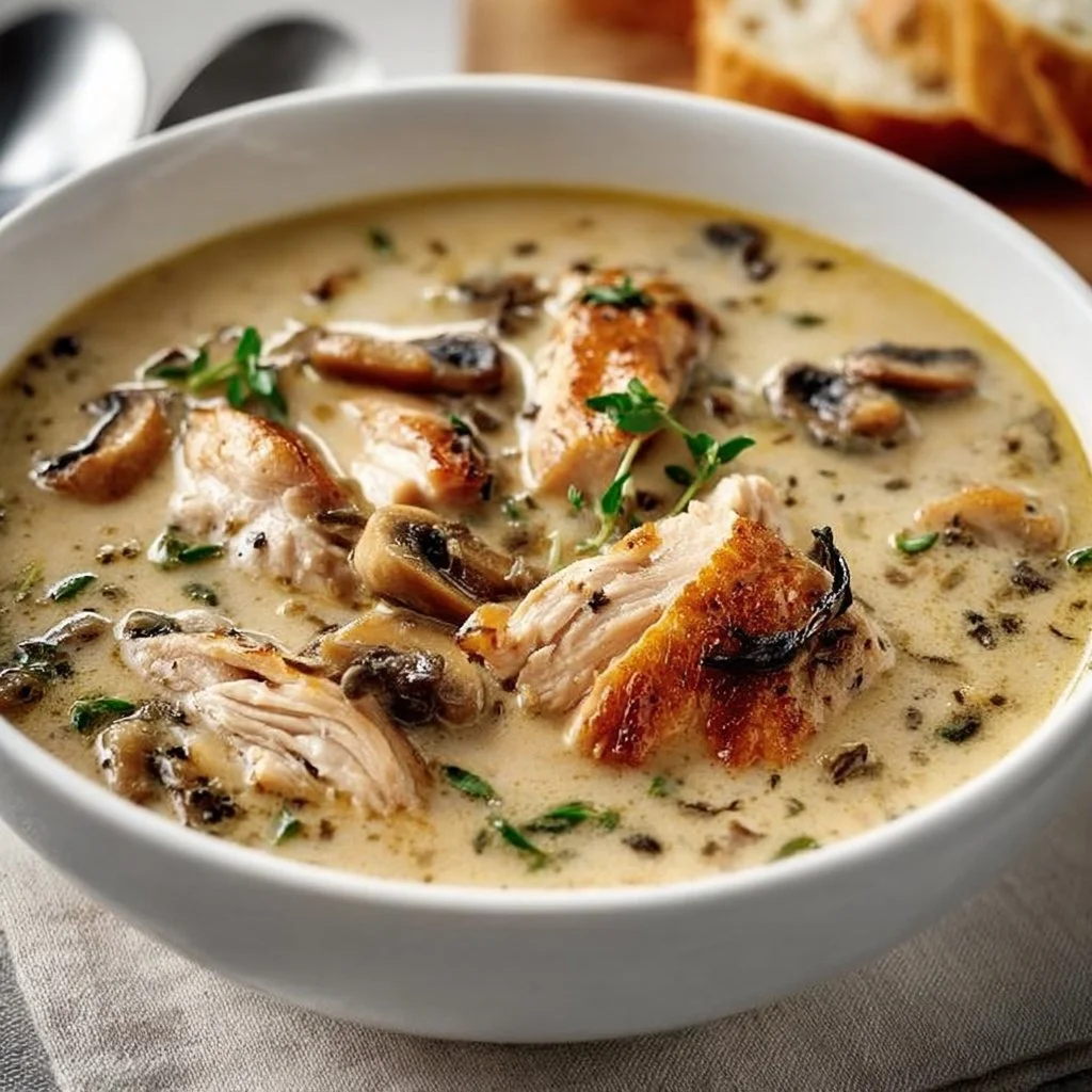 Bowl of Rotisserie Chicken Mushroom Soup with fresh herbs and mushrooms