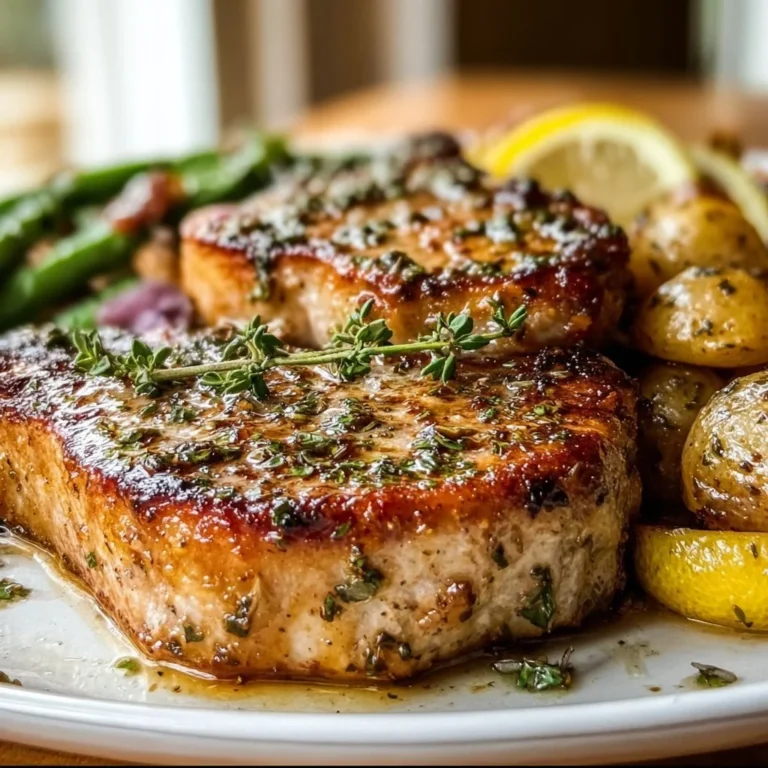 Sheet pan lemon garlic pork chops with fresh herbs and lemon slices