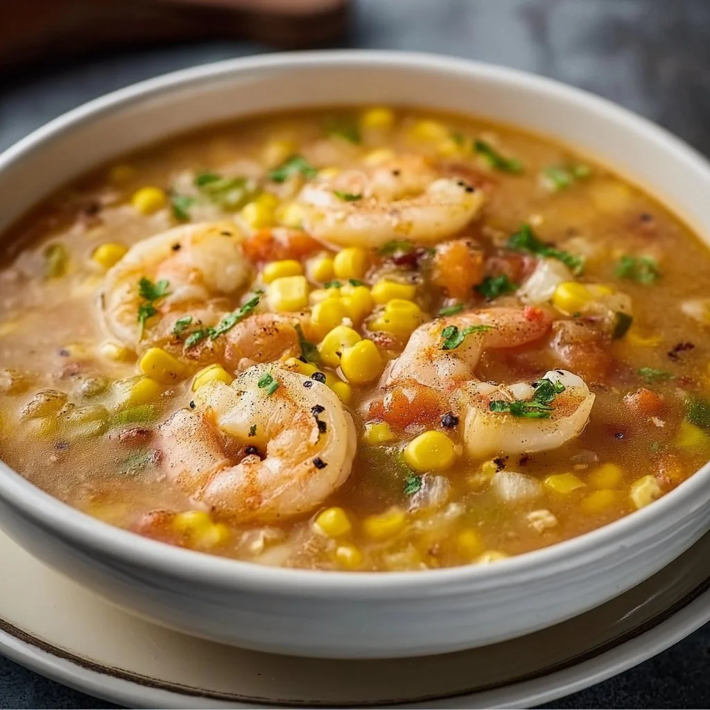 Bowl of shrimp and corn soup, a delicious seafood dish rich in flavor.