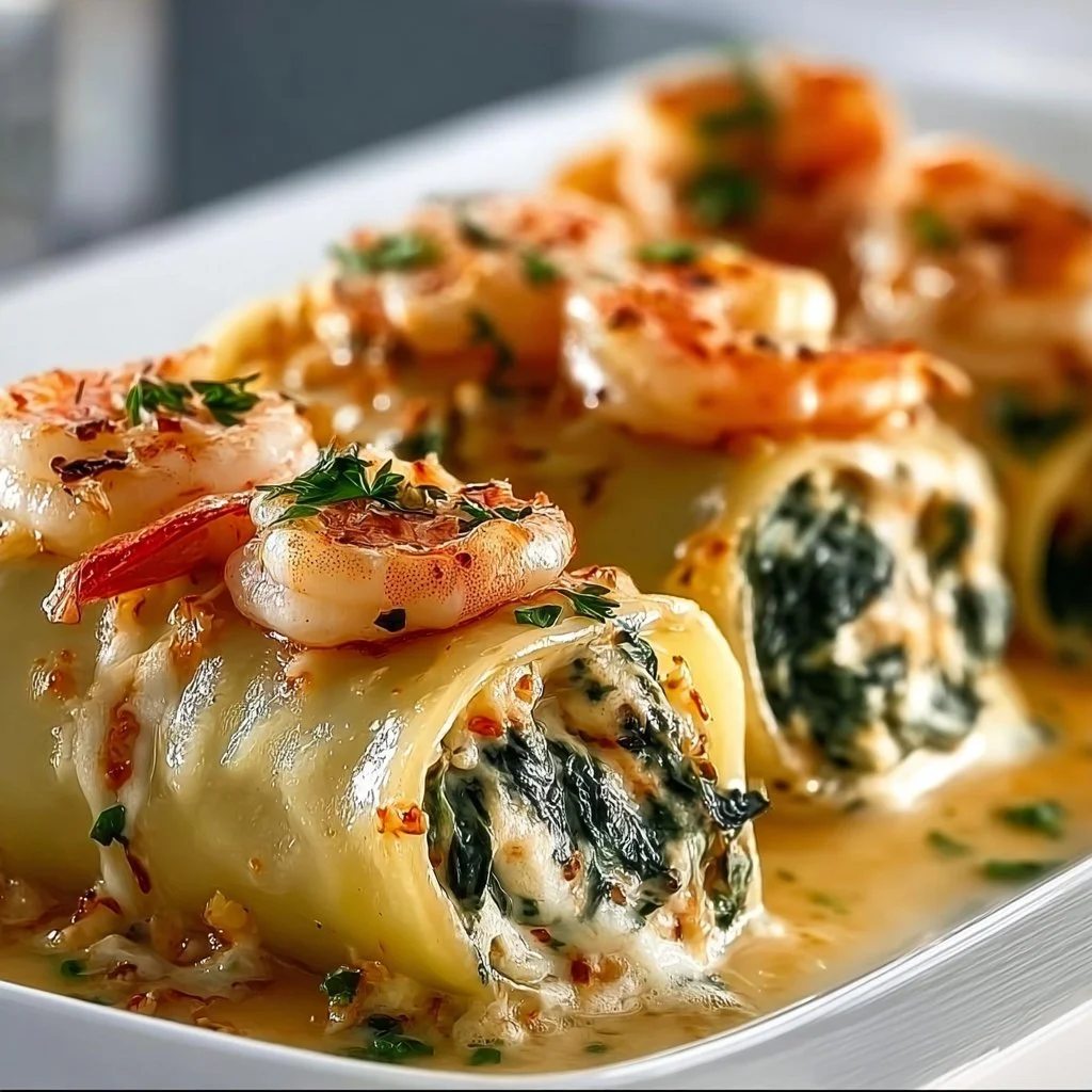 Shrimp and Spinach Stuffed Pasta Rolls