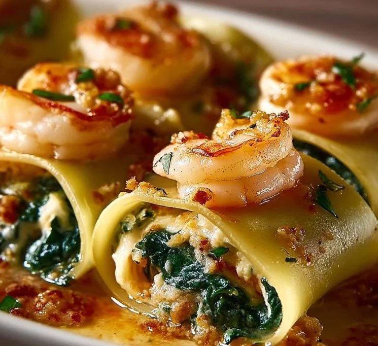 Shrimp and Spinach Stuffed Pasta Rolls