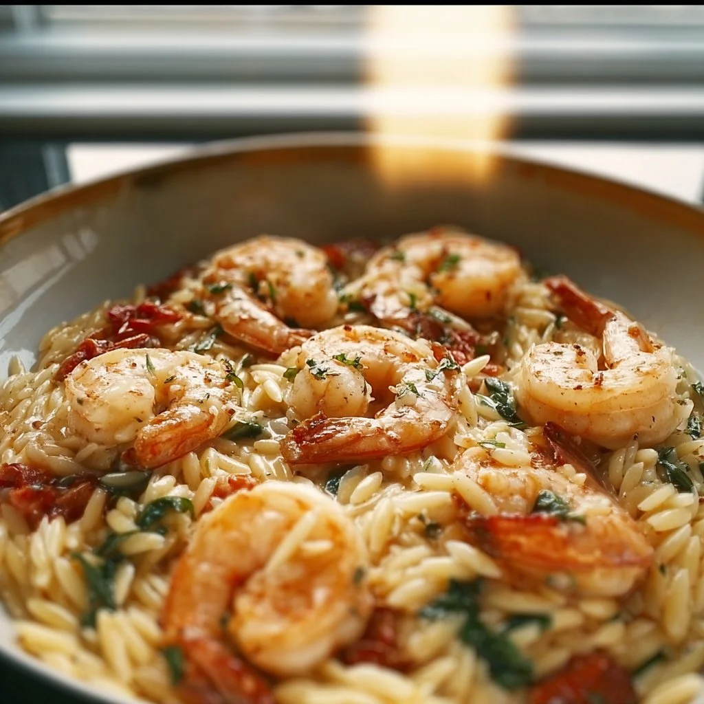 Delicious shrimp orzo served with fresh herbs and lemon.
