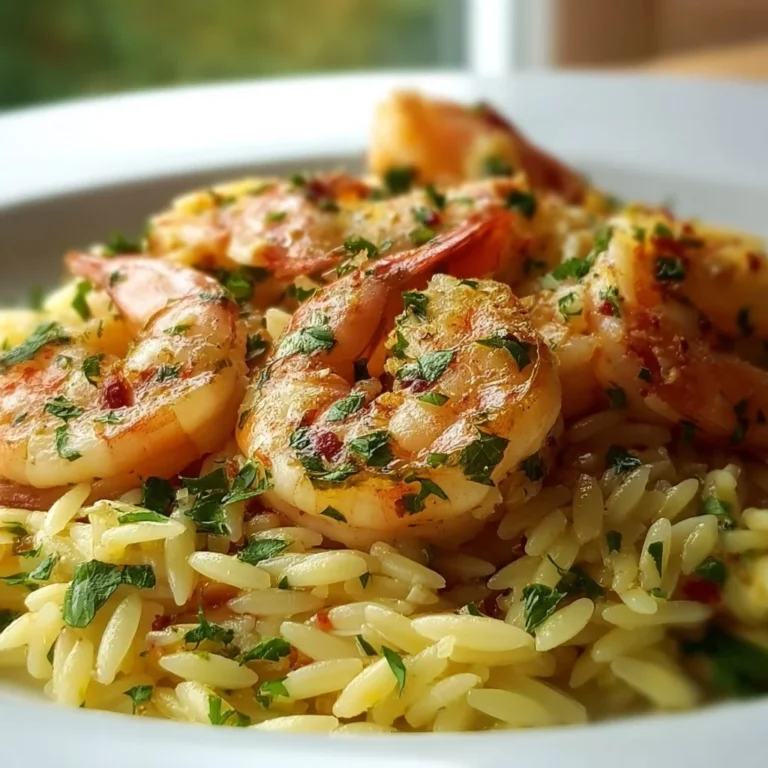 Shrimp orzo with lemon garlic sauce in a bowl, garnished with parsley.