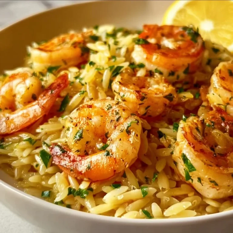 Shrimp orzo with lemon garlic sauce in a bowl, garnished with parsley.