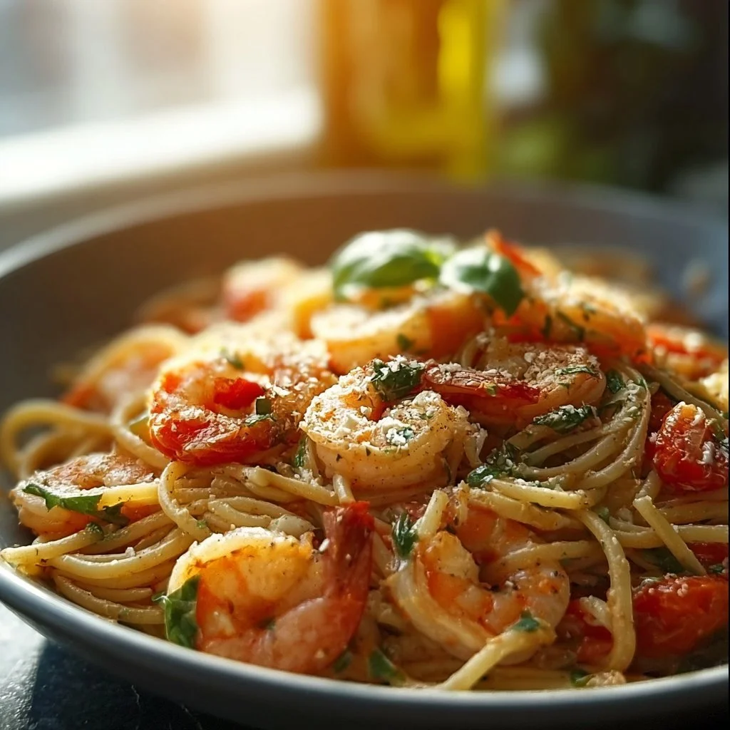 Delicious shrimp pasta dish with garlic and herbs