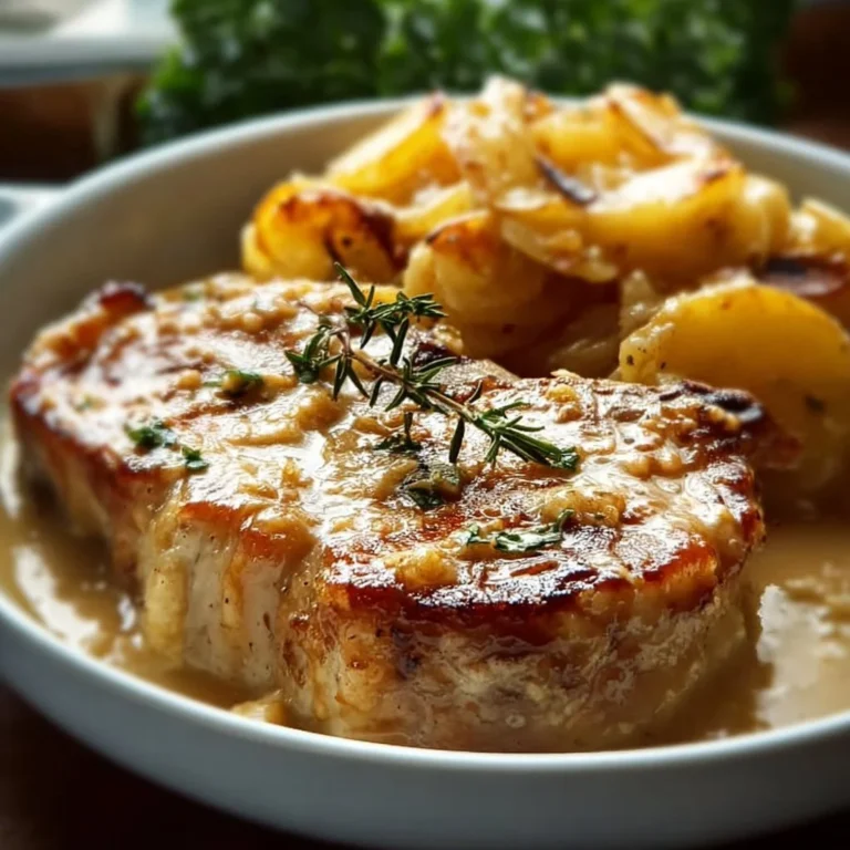 Smothered pork chop served with scalloped potato casserole on a plate.
