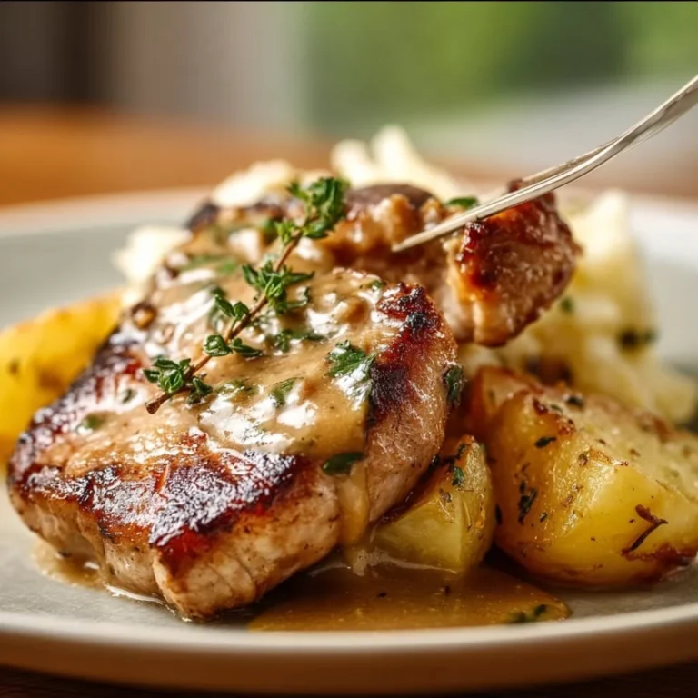 Smothered pork chops served with potatoes in gravy on a plate