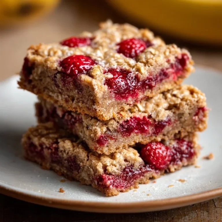 Soft and chewy strawberry banana oat bars stacked on a wooden table