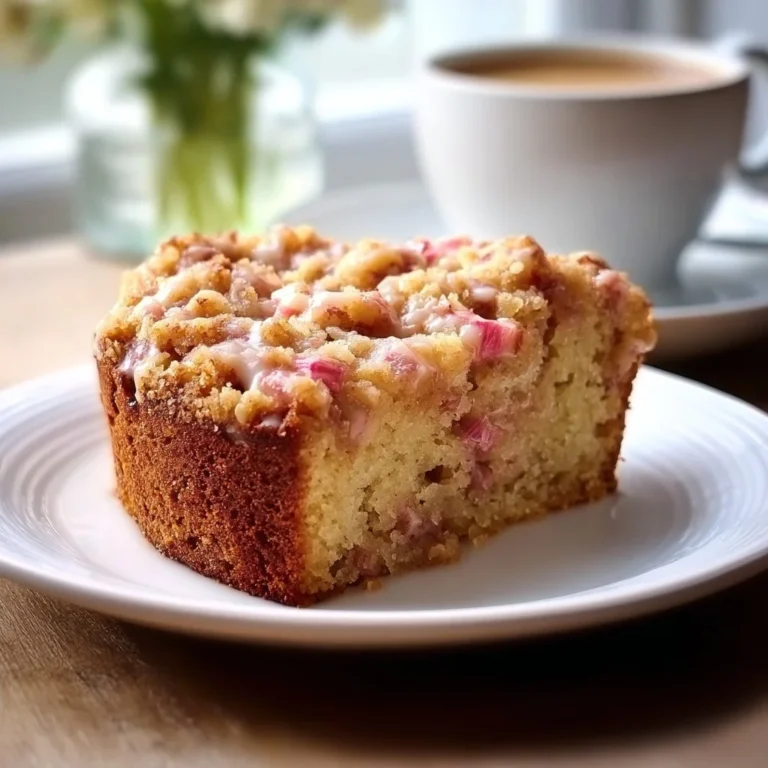 Sour Cream Rhubarb Coffee Cake slice on a plate with coffee cup