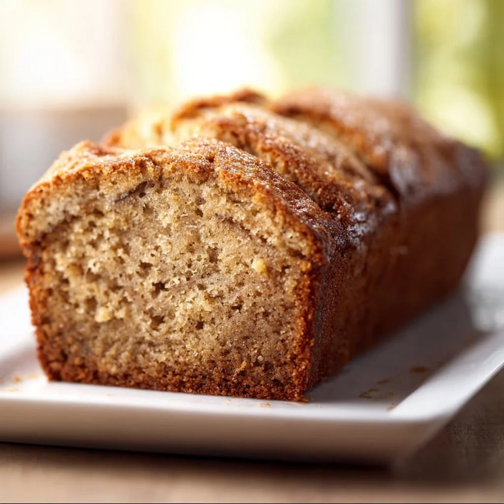 Loaf of freshly baked sourdough banana bread on a wooden cutting board.