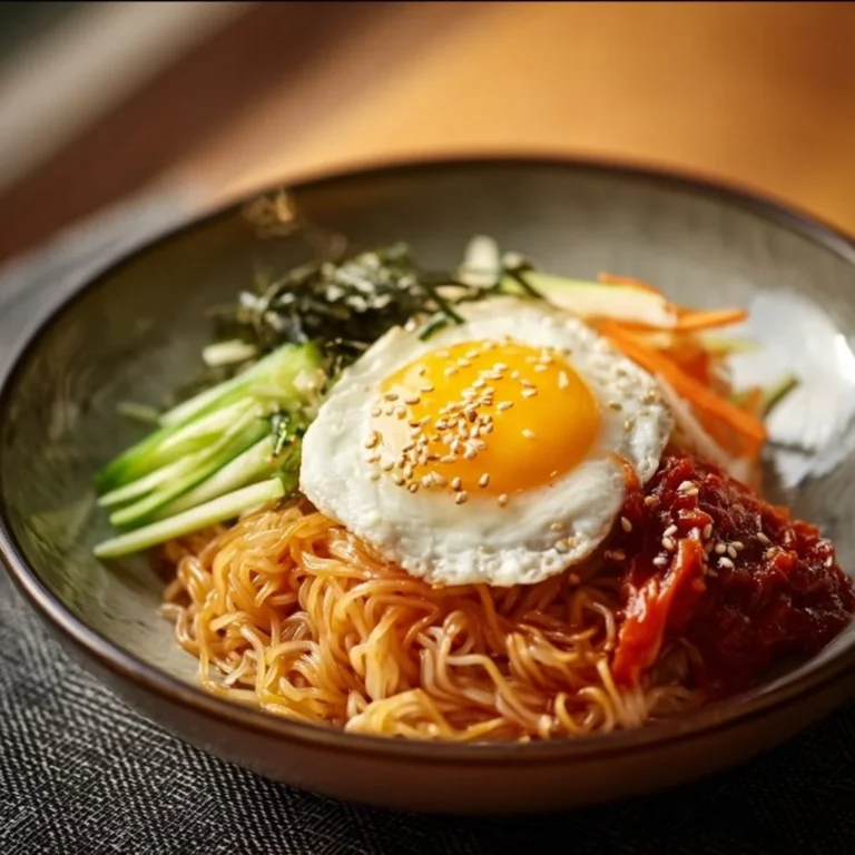 Plate of spicy mixed noodles with vegetables and herbs