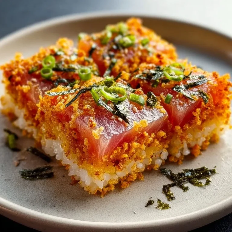 Spicy tuna crispy rice appetizer with vibrant toppings