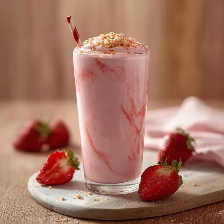 Strawberry Cheesecake Protein Shake in a glass with fresh strawberries