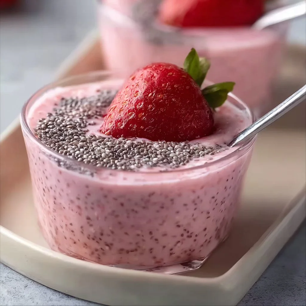 Strawberry milkshake chia pudding topped with fresh strawberries and mint