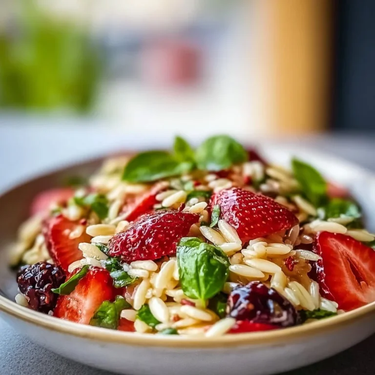 Fresh Strawberry Orzo Salad with greens, nuts, and a light vinaigrette.