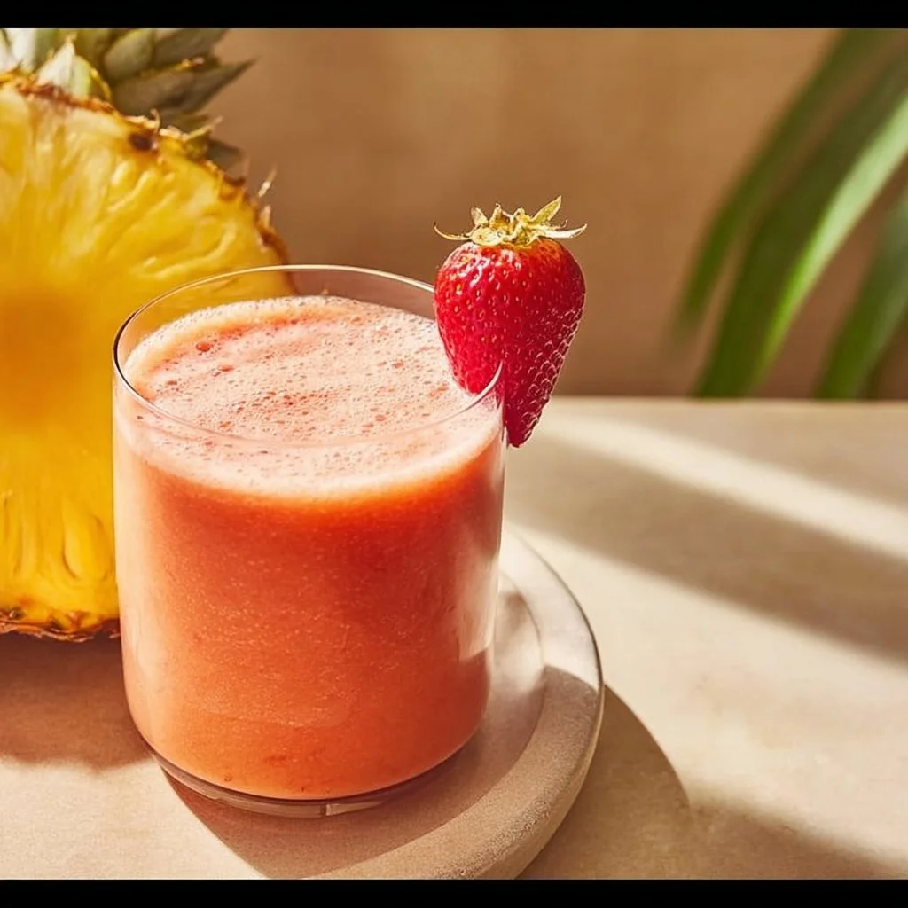 Strawberry Pineapple Smoothie in a glass topped with fresh strawberries and pineapple