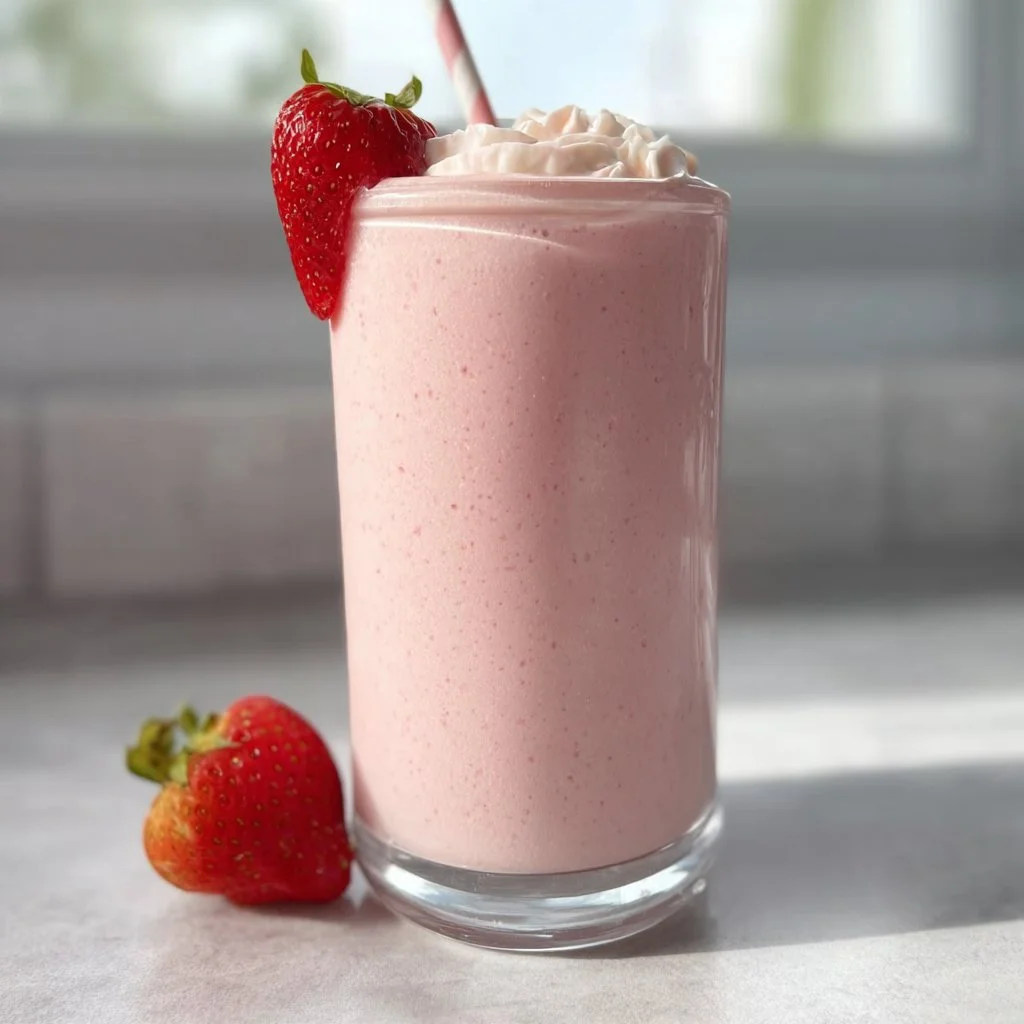 Refreshing strawberry protein shake in a glass, perfect for a healthy diet.