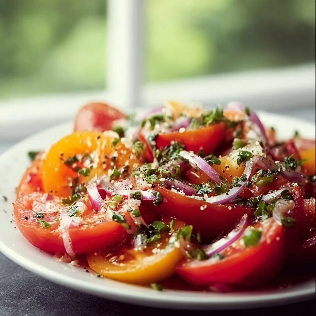 Delicious summer tomato salad with fresh basil, mozzarella, and a drizzle of balsamic dressing.
