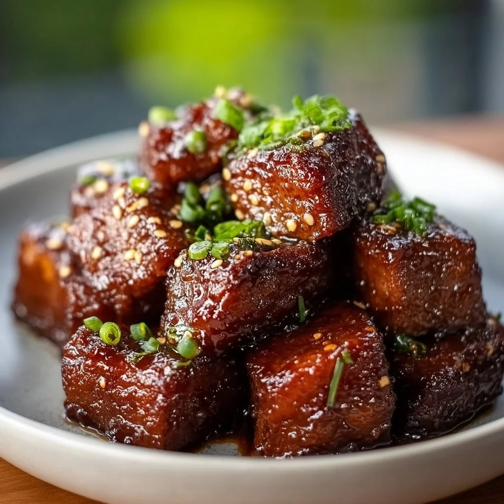 Delicious sweet and sticky steak bites served on a plate