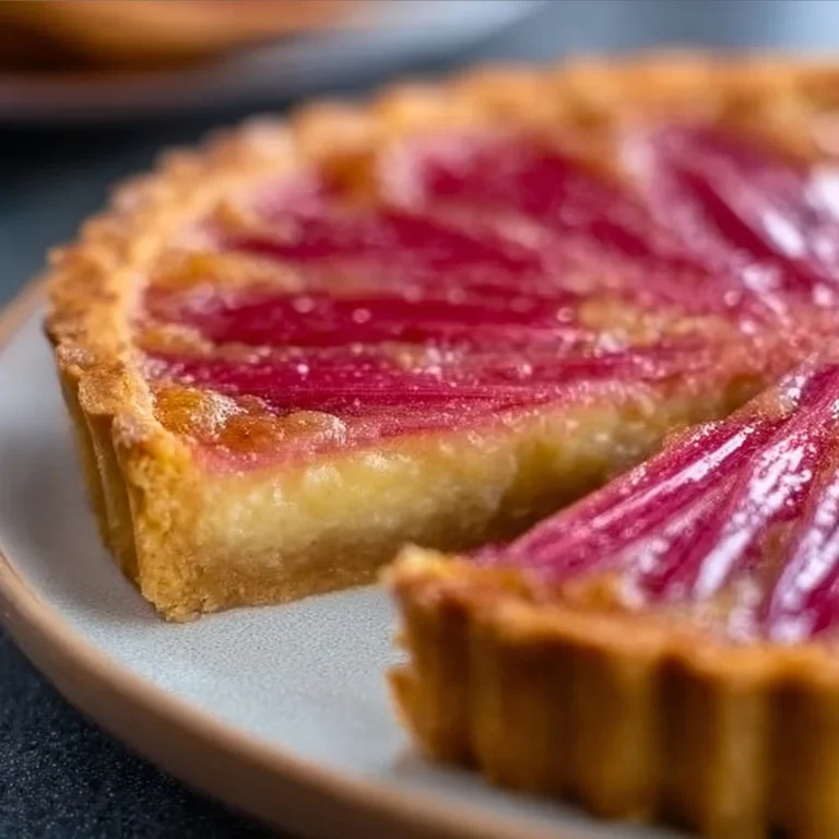 Sweet Rhubarb Custard Tart with a flaky crust and vibrant filling