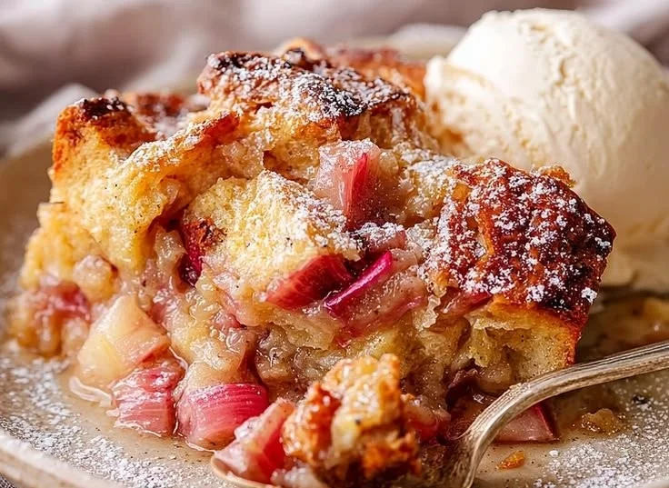Delicious rhubarb bread pudding served in a rustic dish.