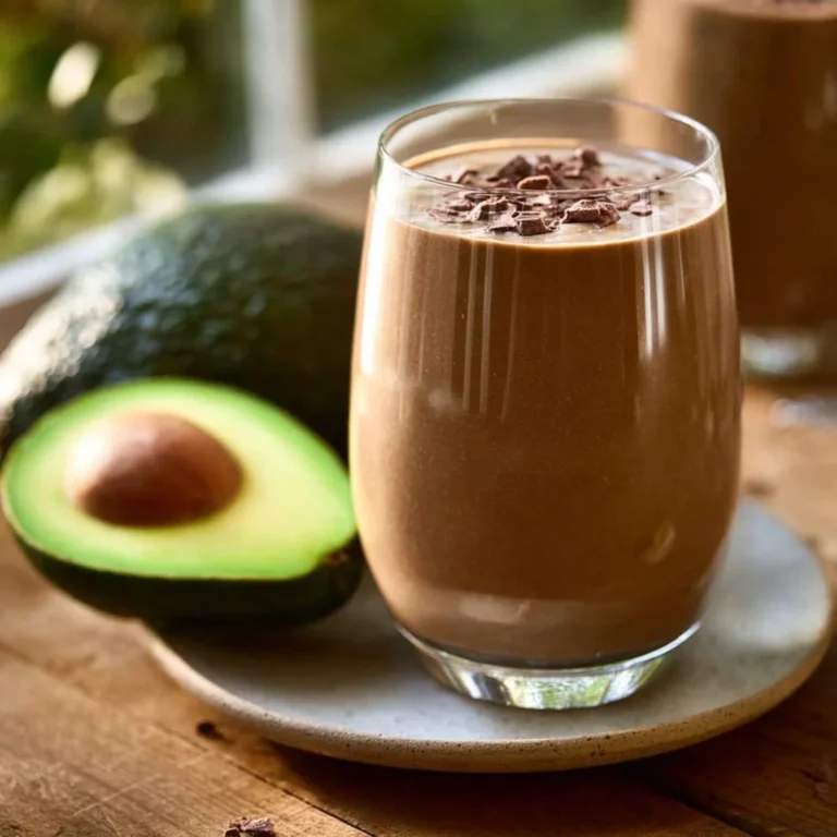 Delicious chocolate avocado smoothie in a glass with toppings