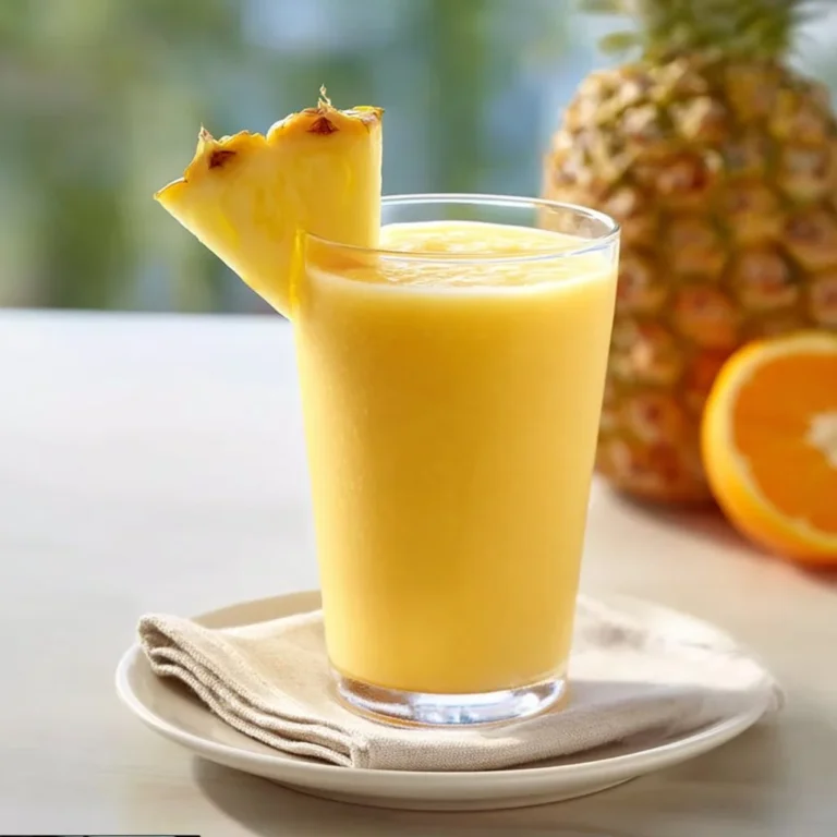 A vibrant pineapple orange smoothie in a glass with tropical fruits.