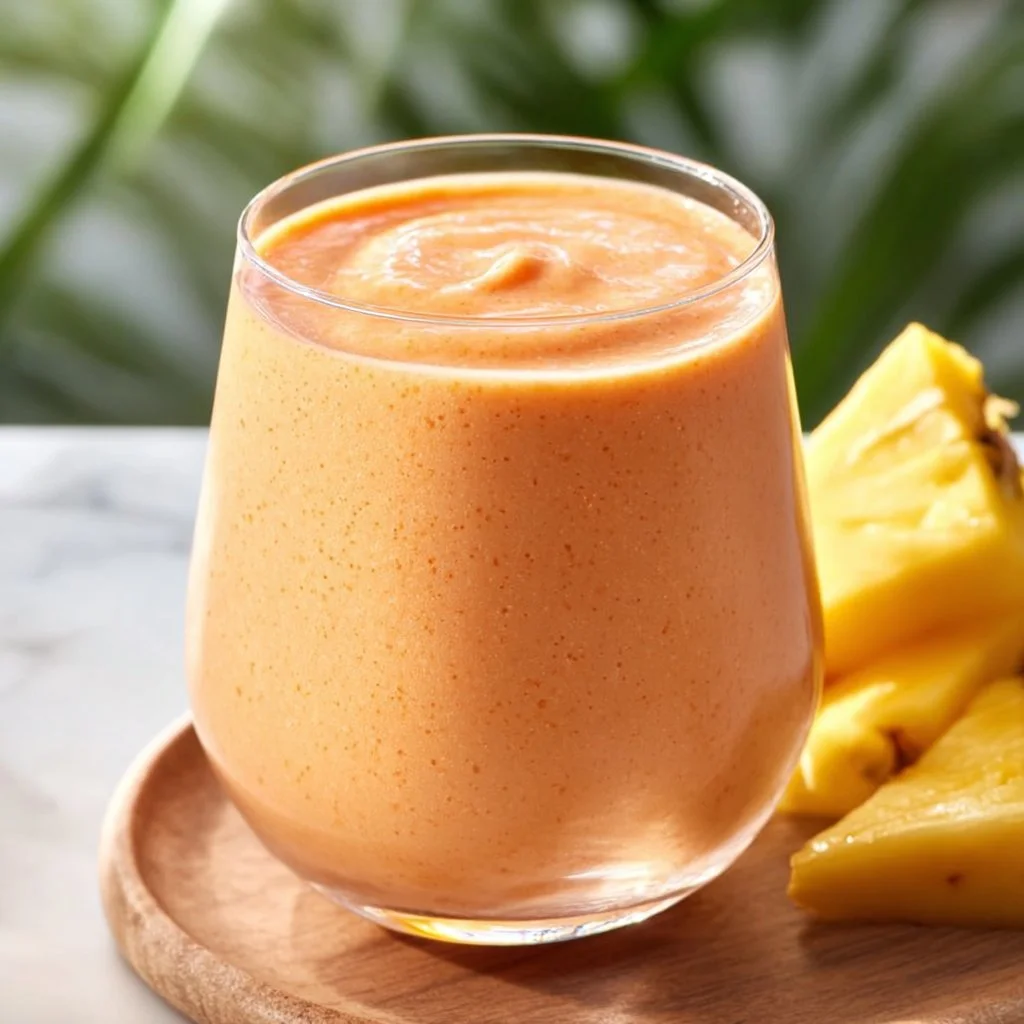 Tropical Sunrise Protein Smoothie in a glass with fresh fruits