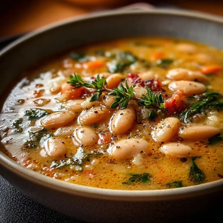Bowl of Tuscan White Bean Soup garnished with fresh herbs and vegetables