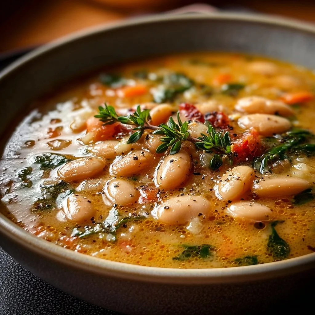 Bowl of Tuscan White Bean Soup garnished with fresh herbs and vegetables