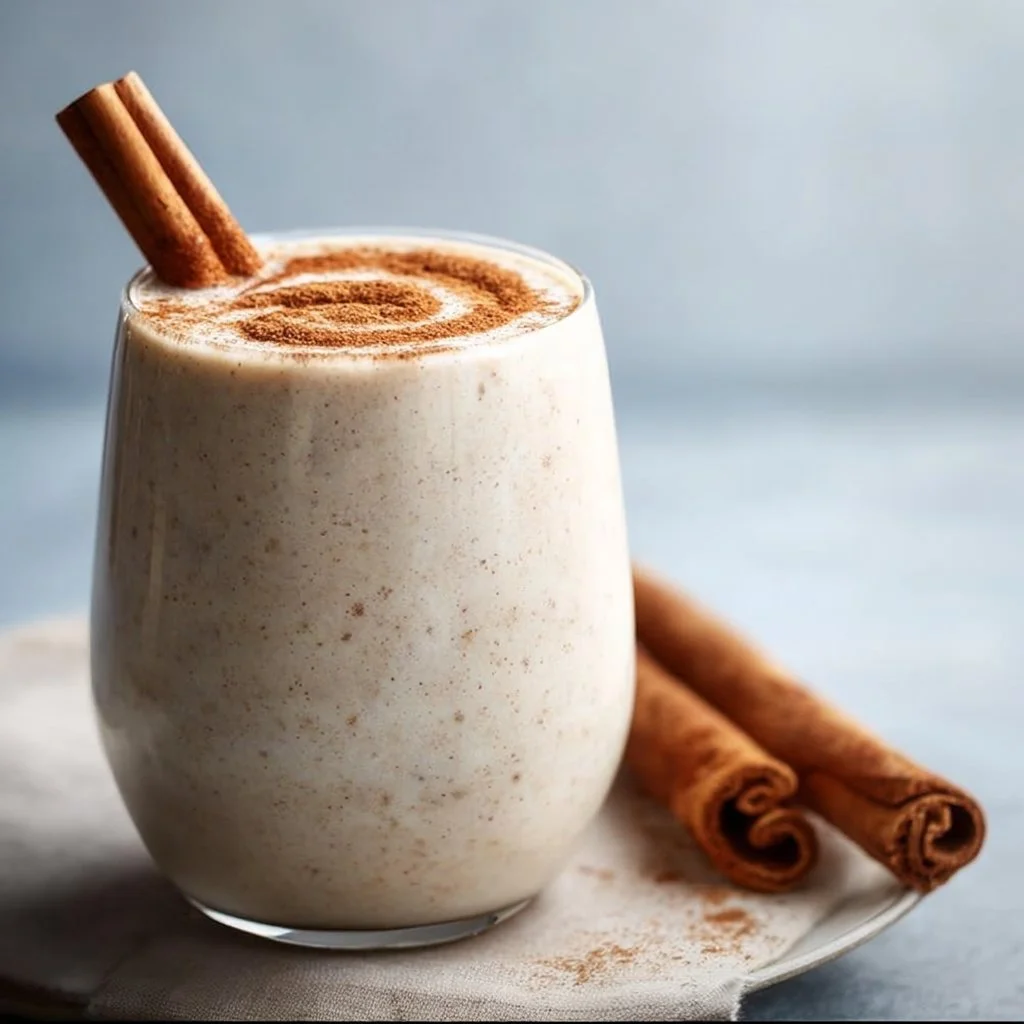 Vanilla Cinnamon Roll Protein Smoothie in a glass, topped with cinnamon and vanilla.