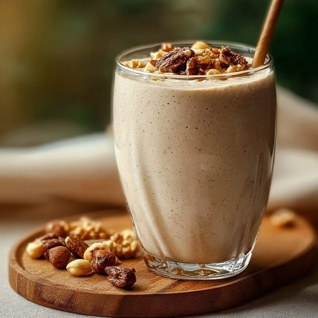 Vanilla protein shake with nuts in a glass, a healthy and nutritious drink.