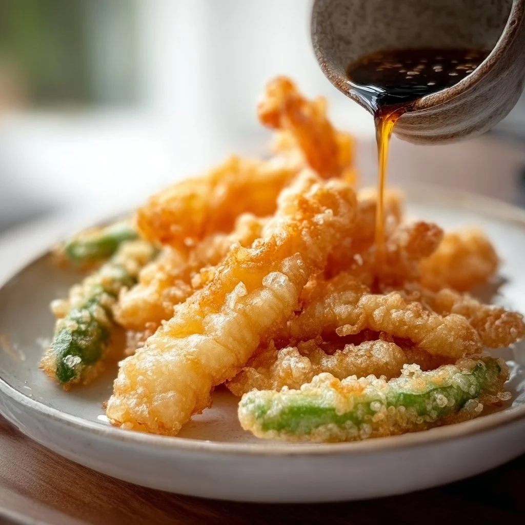 Crispy Vegetable Tempura served with Ginger Ponzu Sauce on a plate.
