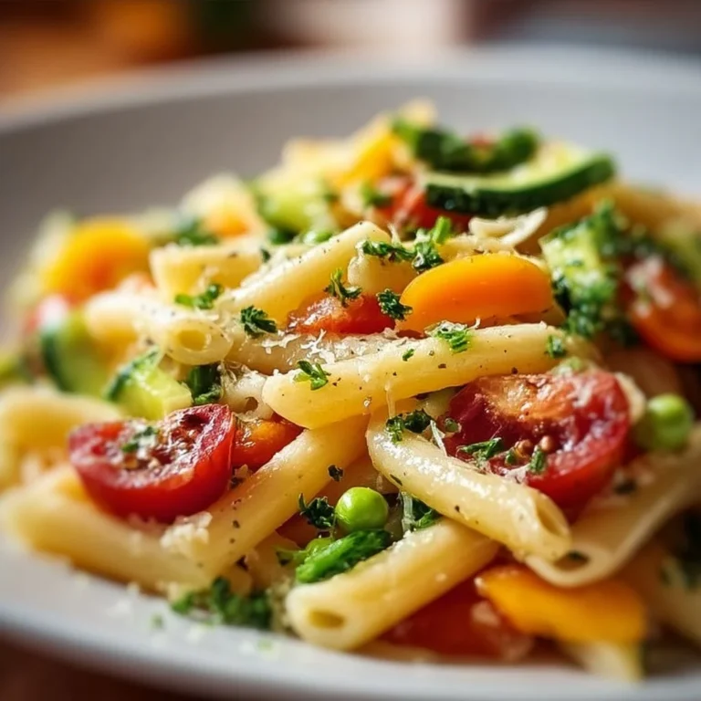 Colorful vegetarian pasta dish with fresh spring vegetables