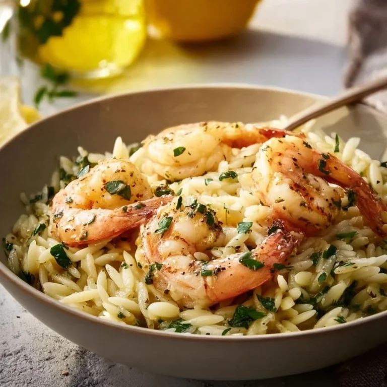 Zesty lemon garlic shrimp served over orzo pasta with fresh herbs