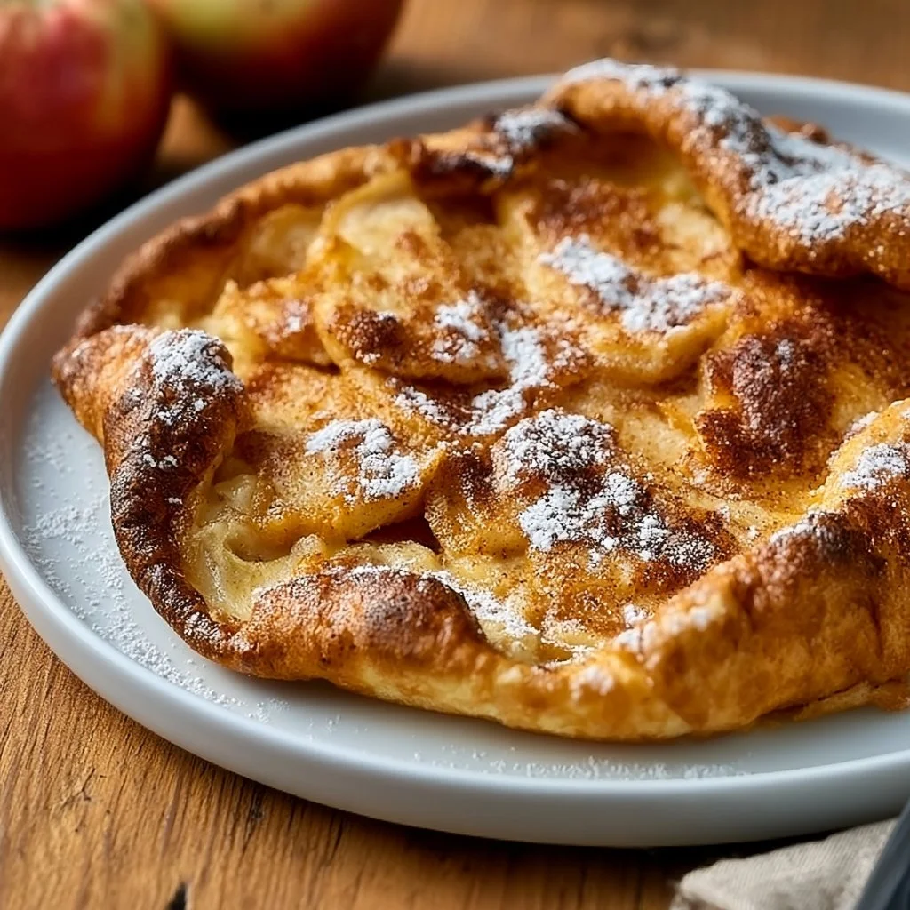 Fluffy Apple Cinnamon German Pancake served with apples and cinnamon topping