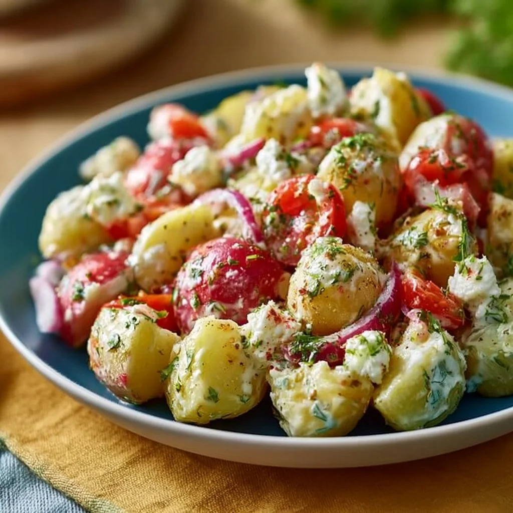 Bowl of Authentic Greek Potato Salad decorated with olives and herbs